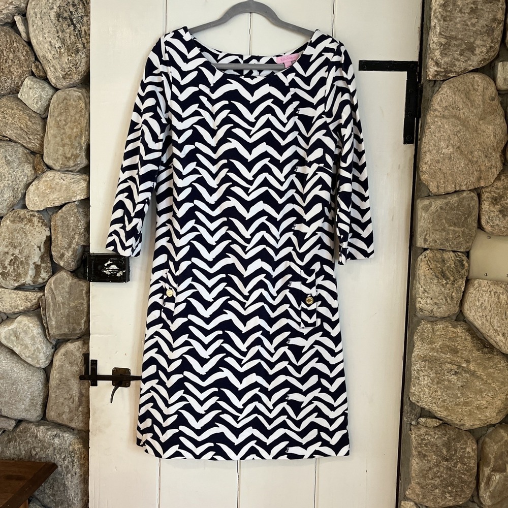 Lilly Pulitzer Charlene Dress Navy Blue White‎ Catwalk Dress Large, EUC Buttons